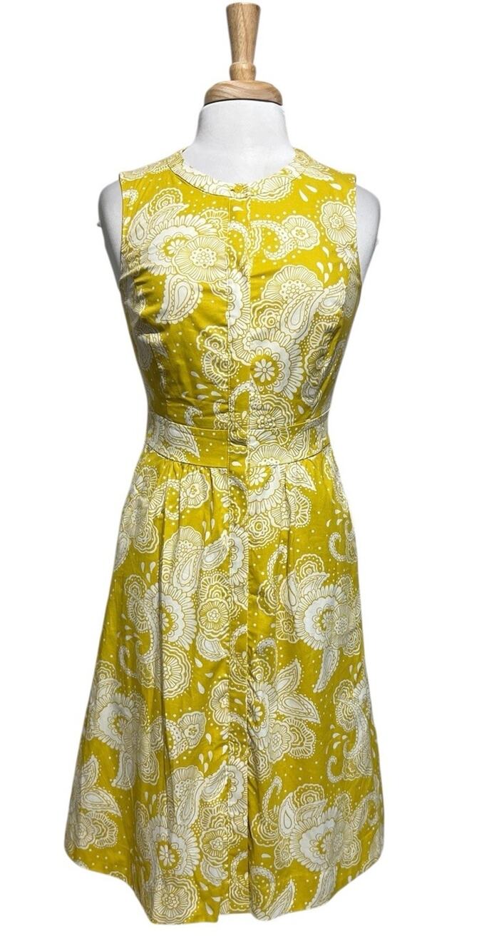 Boden AMY Midi Shift Dress Mustard Yellow Button Up Retro Paisley Sleeveless